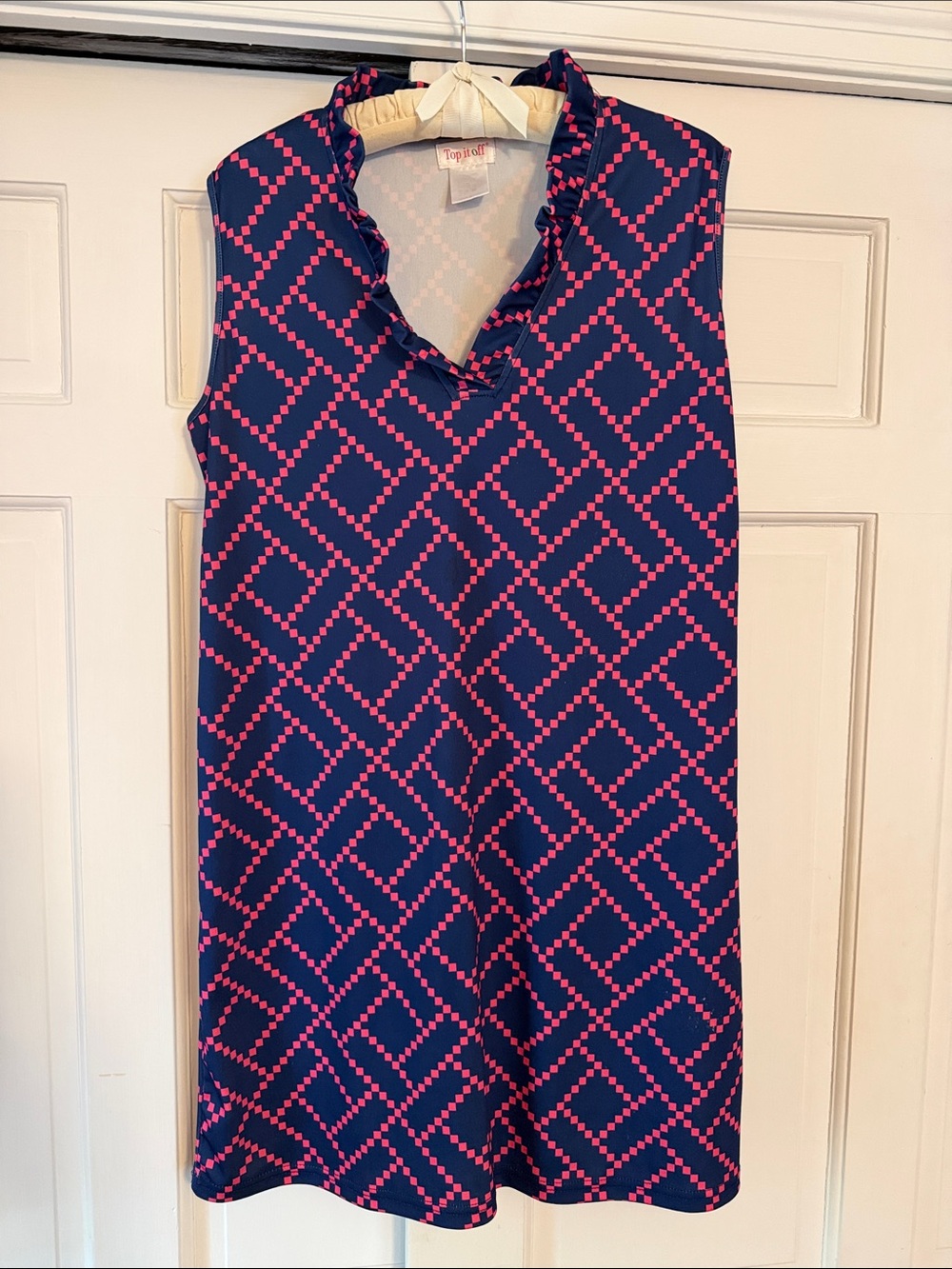 Top It Off Sleeveless Navy and Pink Geometric Shift Dress
